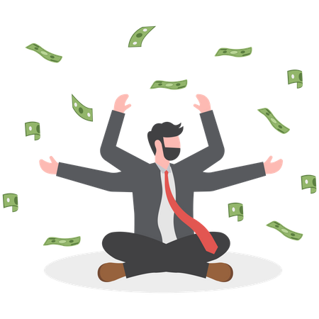Empresário calmo meditando com queda de renda de notas de dinheiro  Ilustração