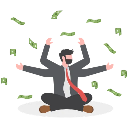 Empresário calmo meditando com queda de renda de notas de dinheiro  Ilustração