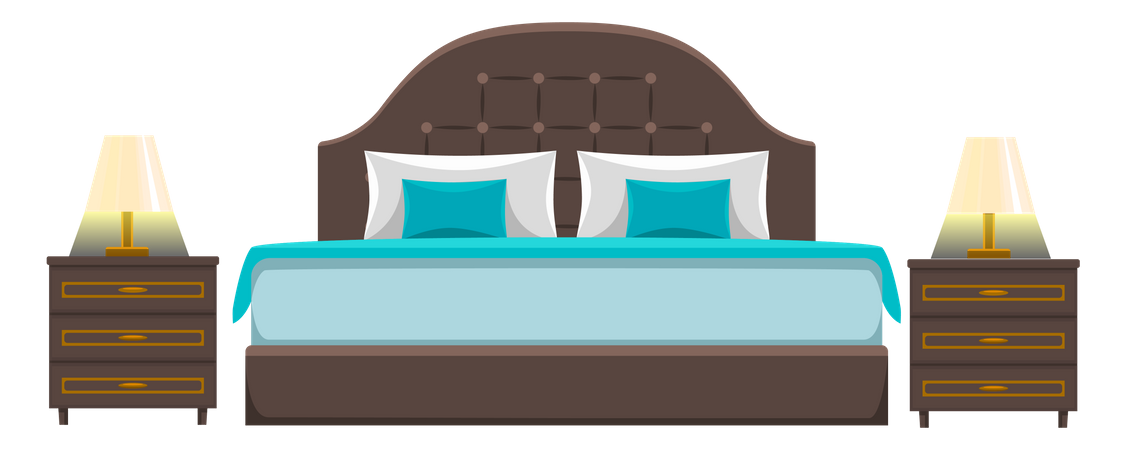 Cama doble de madera con almohadas y manta.  Ilustración
