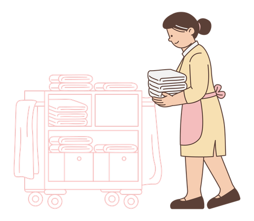 Camarera de hotel con carrito de lavandería  Ilustración