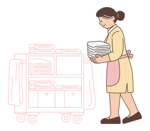 Camarera de hotel con carrito de lavandería  Ilustración