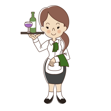 La camarera sirve una copa de vino y una botella de vino.  Ilustración