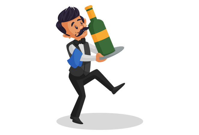 Camarero llevando una botella de champán en el plato  Ilustración