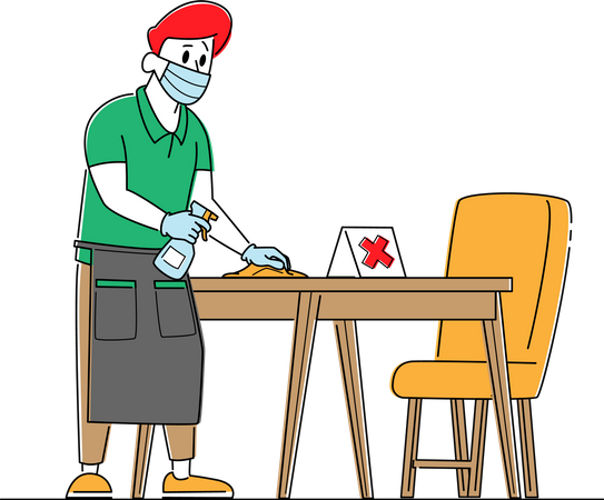Camarero con mascarilla protectora y guantes desinfectando mesas en cafetería o restaurante  Ilustración