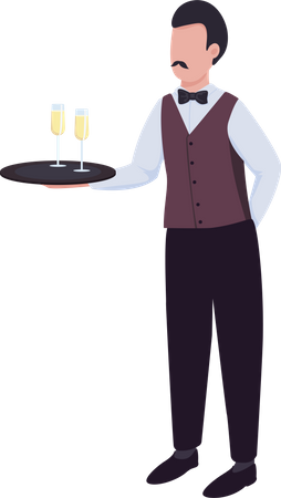 Camarero con vino espumoso en bandeja  Ilustración