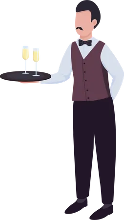 Camarero con vino espumoso en bandeja  Ilustración