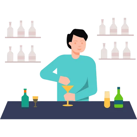 Camarero de bar preparando bebidas  Ilustración