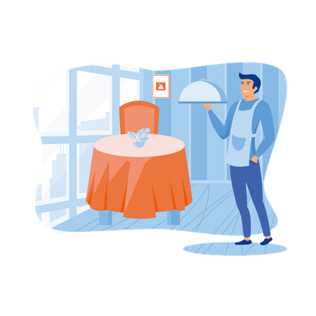Un camarero de hotel trae un plato para servir el banquete a los huéspedes del hotel.  Ilustración