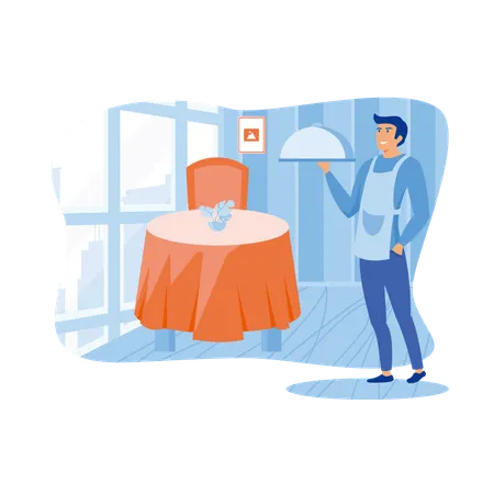 Un camarero de hotel trae un plato para servir el banquete a los huéspedes del hotel.  Ilustración