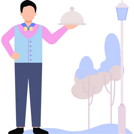 Camarero masculino se encuentra con plato  Ilustración