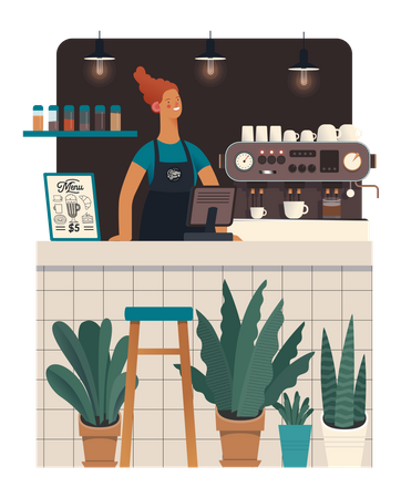Camarero de pie en la cafetería  Ilustración