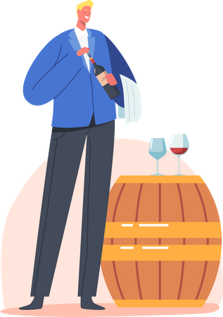 Wine Steward sosteniendo una botella de vino cerca de un barril de madera  Ilustración