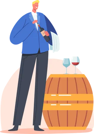 Wine Steward sosteniendo una botella de vino cerca de un barril de madera  Ilustración
