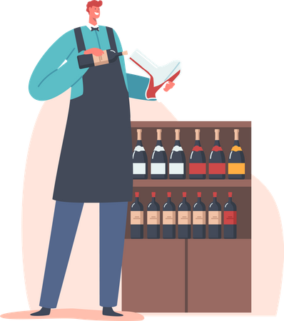 Wine Steward sosteniendo una botella y un frasco de degustación  Ilustración