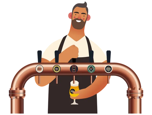 Camarero llenando cerveza en vaso  Ilustración