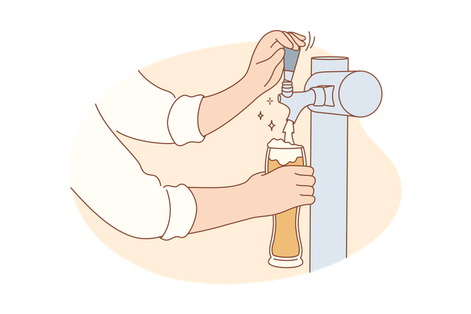 Manos de camarero sosteniendo un vaso vertiendo cerveza  Ilustración