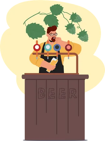 Camarero masculino vierte cerveza usando el sistema de grifo  Ilustración