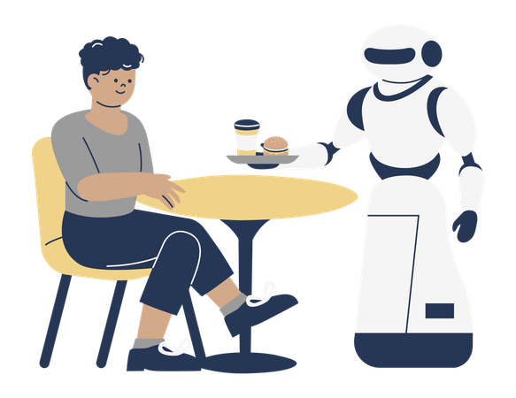 Camarero robot atendiendo a un cliente en una cafetería  Ilustración