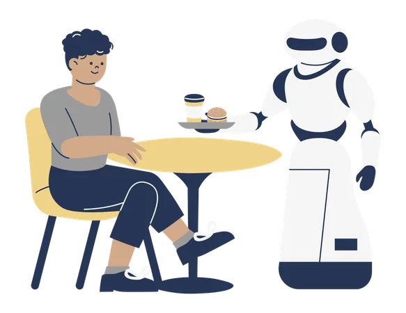 Camarero robot atendiendo a un cliente en una cafetería  Ilustración