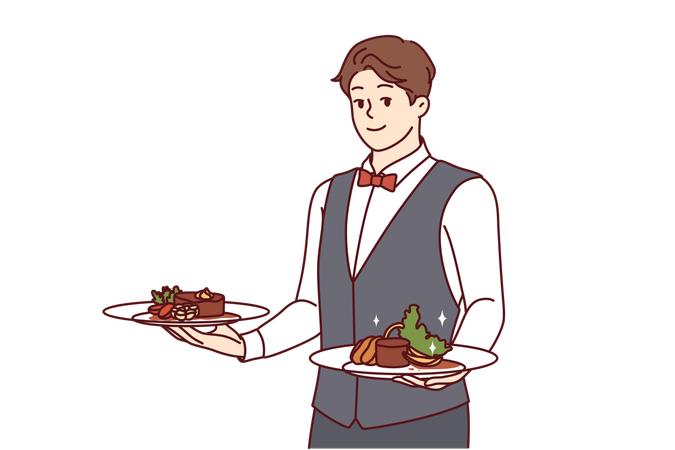 El camarero sirve comida a los clientes.  Ilustración