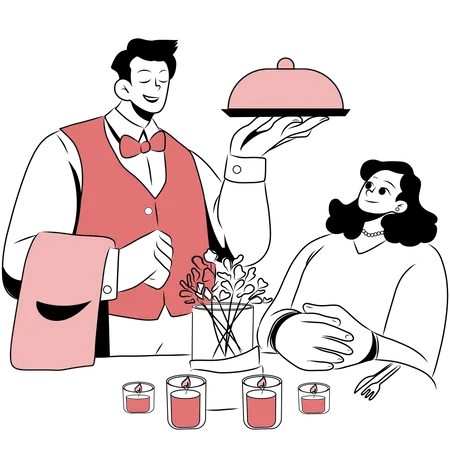 Camarero sirviendo comida a mujer  Ilustración