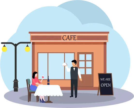 Camarero sirviendo comida fuera de la cafetería  Ilustración