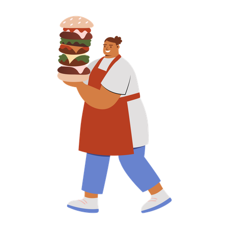 Camarero sirviendo una hamburguesa enorme  Ilustración