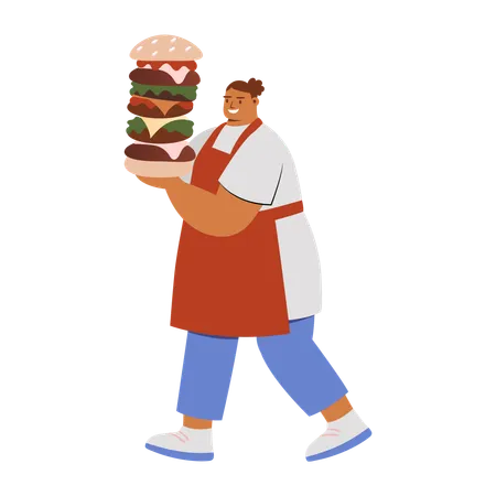 Camarero sirviendo una hamburguesa enorme  Ilustración