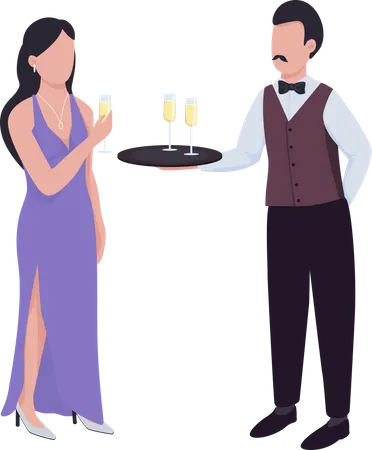 Camarero sirviendo vino espumoso a dama  Ilustración