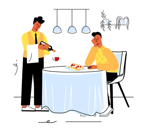 Camarero sirviendo vino y comida.  Ilustración