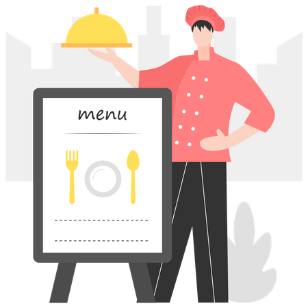 Camarero sosteniendo un plato de receta cerca del gran menú del restaurante  Ilustración