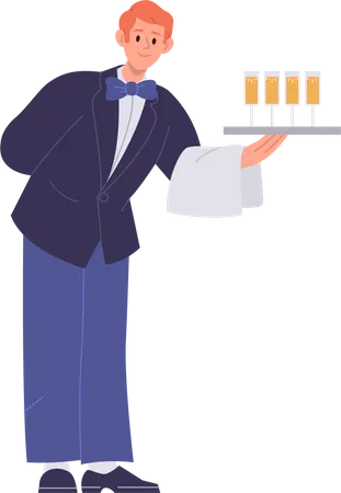 Camarero masculino en uniforme sosteniendo bebidas en la bandeja  Ilustración