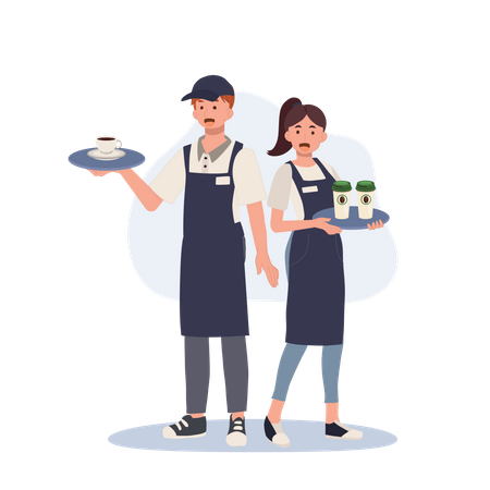 Camarero y camarera sosteniendo una bandeja con café  Ilustración