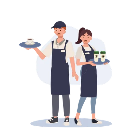 Camarero y camarera sosteniendo una bandeja con café  Ilustración