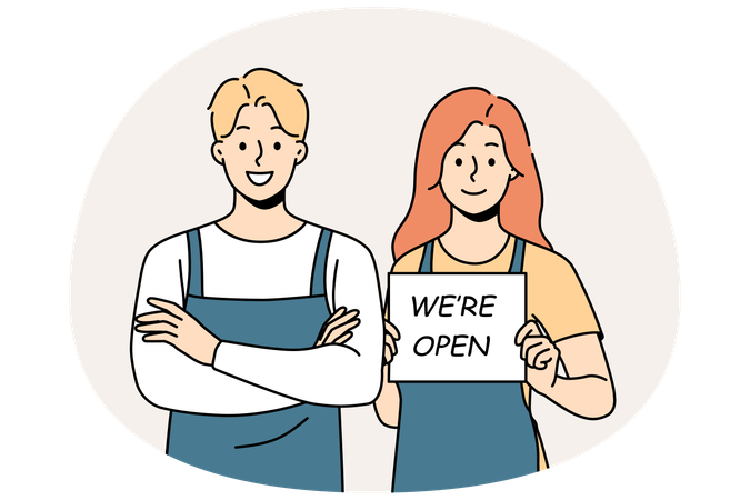 Camareros sonrientes con delantales sostienen un cartel de "abierto"  Ilustración