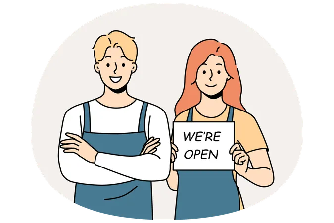 Camareros sonrientes con delantales sostienen un cartel de "abierto"  Ilustración