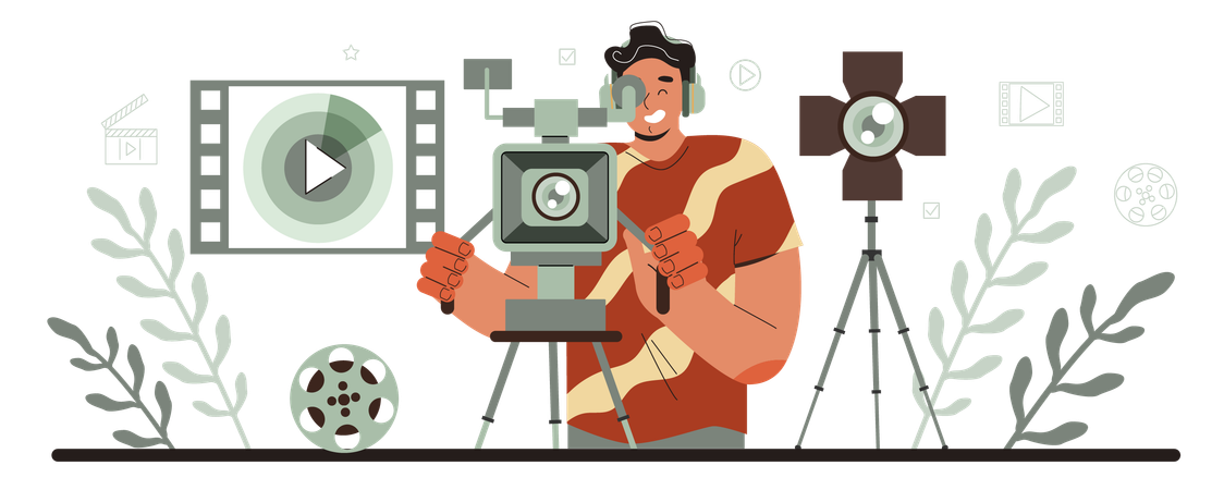Camarógrafo masculino filmando una película  Ilustración
