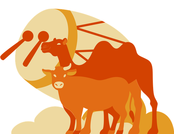 Camel and cow with bedug  Illustration