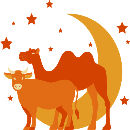 Camel and cow with moon  Illustration