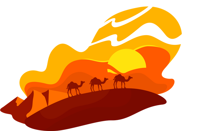 Los camellos caminan entre las dunas.  Ilustración