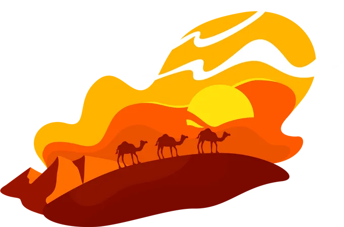Los camellos caminan entre las dunas.  Ilustración