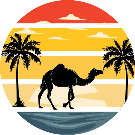 Camelo No Rio Design Retro Paisagem Ilustração