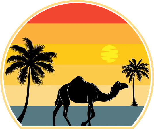 Camelo Ate O Rio Em Busca De Paisagem De Design Retro De Agua Ilustração