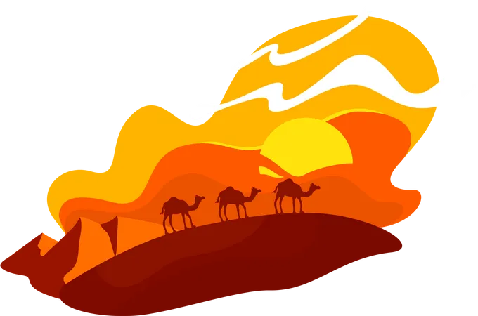 Camels walk in dunes  Illustration