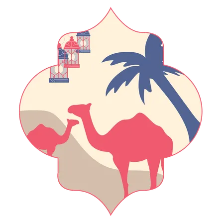 Camels with Tree and Lantern  Illustration