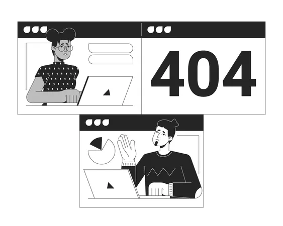 A câmera falhou na reunião on-line, mensagem flash de erro 404 preto e branco  Ilustração