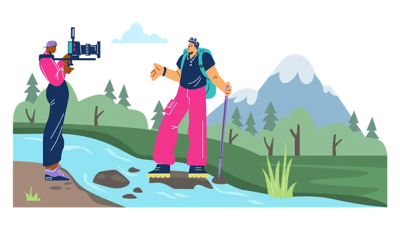 Caméraman et voyageur réalisant un blog de tournage de voyage  Illustration