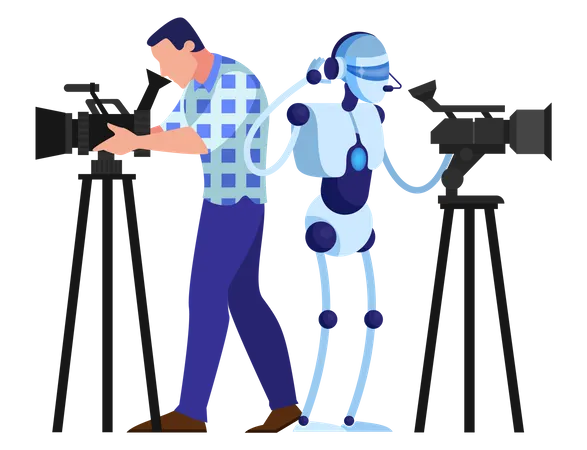 Cinegrafista gravando vídeo com robô  Ilustração