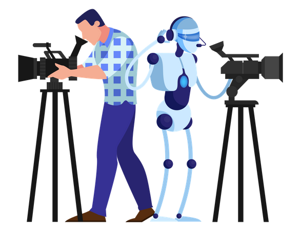 Cameraman shooting video with robot Illustration
