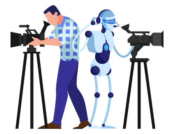 Cameraman shooting video with robot  Illustration